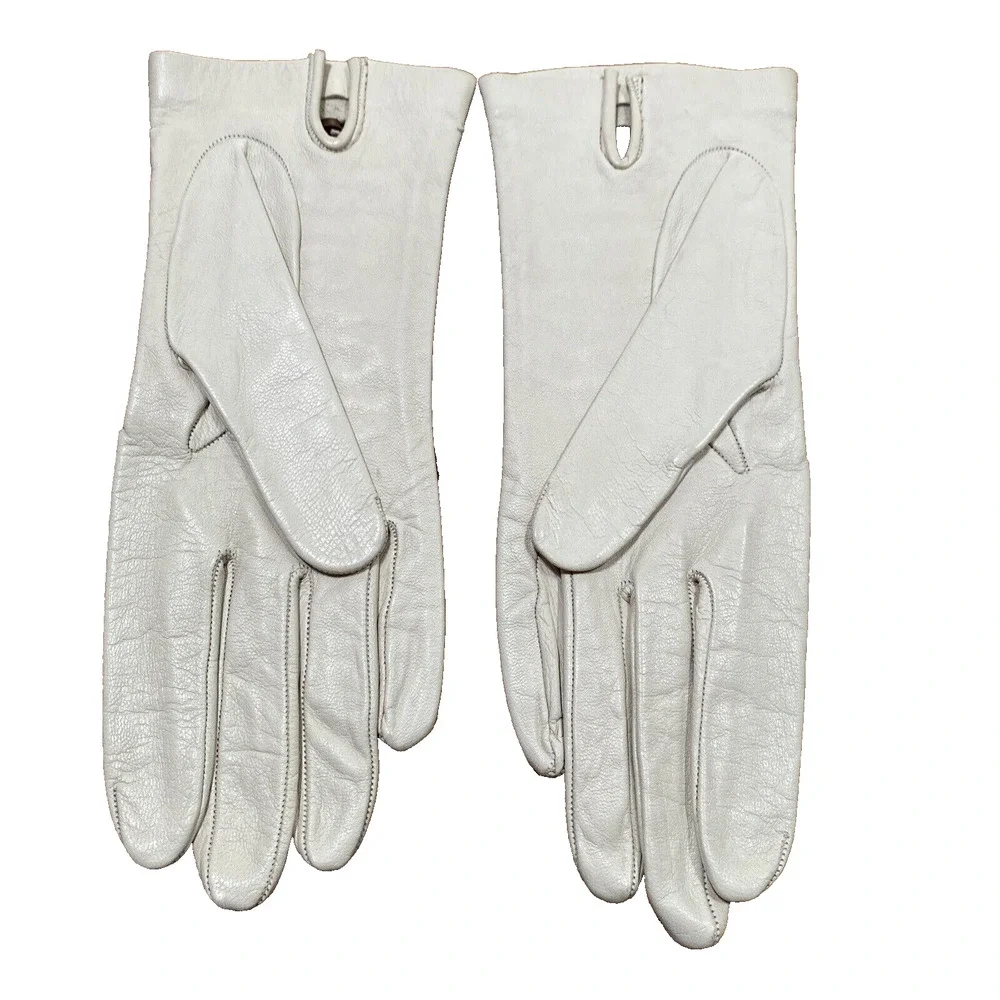 Vintage Ladies Size 7 Leather Gloves Cream & Brown Woven Leather Mid Century